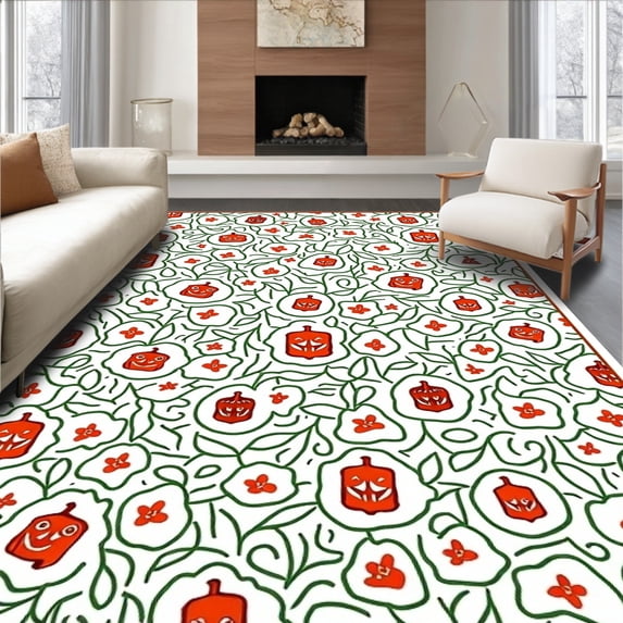 ODIKA 4'x6' Machine Washable Non-Slip Area Rug, Spirited Halloween Lanterns Surrounded By Twisting Vine Motifs High Traffic Rug, Red, 738780