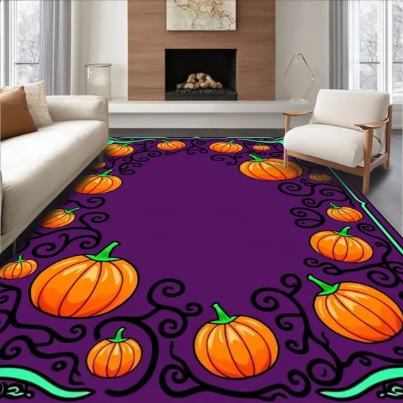 ODIKA 4'x6' Machine Washable Non-Slip Area Rug, Spooky Pumpkin Patch Bath with Haunted Vine Border Design High Traffic Rug, Orange, 656769