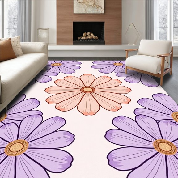 ODIKA 4'x6' Machine Washable Non-Slip Area Rug, Stamped Blossom Hook Yarn Handicraft High Traffic Rug, Purple, 609350