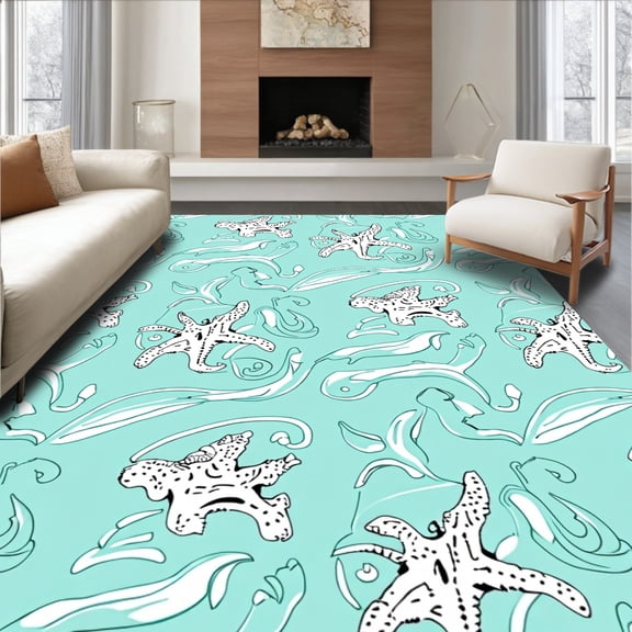 ODIKA 4'x6' Machine Washable Non-Slip Area Rug, Starfish and Shell Motif with Interlocking Wave High Traffic Rug, Blue, 716197