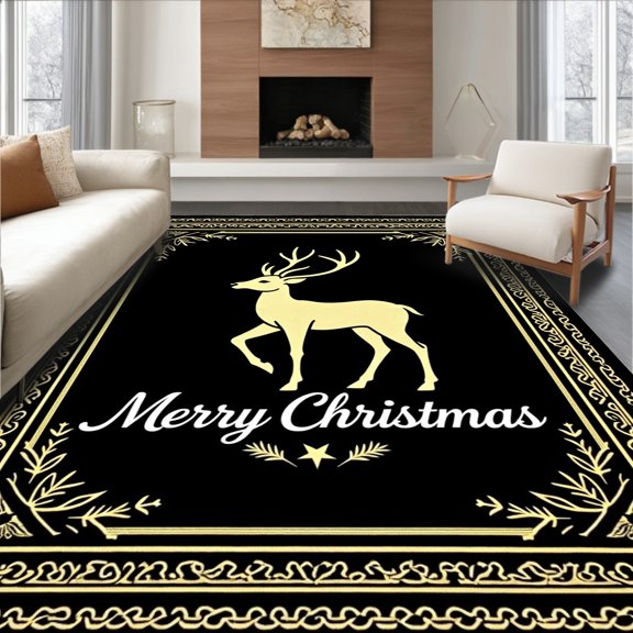 ODIKA 4'x6' Machine Washable Non-Slip Area Rug, Starlit Reindeer Parade with Pine Branch Flourishes and Scripted Greeting High Traffic Rug with Pad, Black, 628787