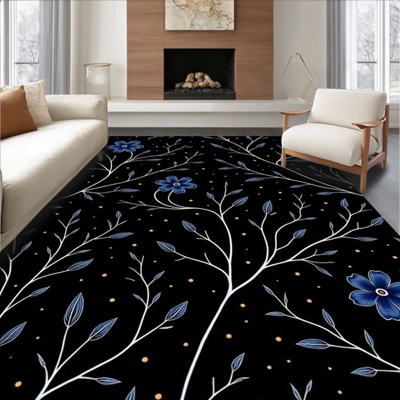 ODIKA 4'x6' Machine Washable Non-Slip Area Rug, Starry Night Inspired Abstract Floral with Subtle Metallic Hues High Traffic Rug, Black, 355918