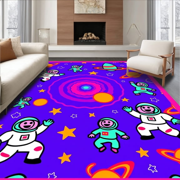 ODIKA 4'x6' Machine Washable Non-Slip Area Rug, Stellar Adventure Rocket Ship Astronaut Exploration Discovery High Traffic Rug, Purple, 723692