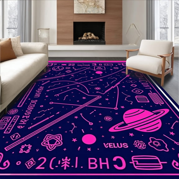 ODIKA 4'x6' Machine Washable Non-Slip Area Rug, Stellar Discovery ABC Universe Learning Interactive Constellation Map High Traffic Rug, Pink, 699800