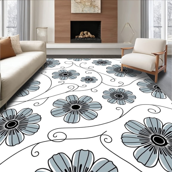 ODIKA 4'x6' Machine Washable Non-Slip Area Rug, Storm Cloud Blossom Abstract Modern Non Skid Petal Design High Traffic Rug, Gray, 524478
