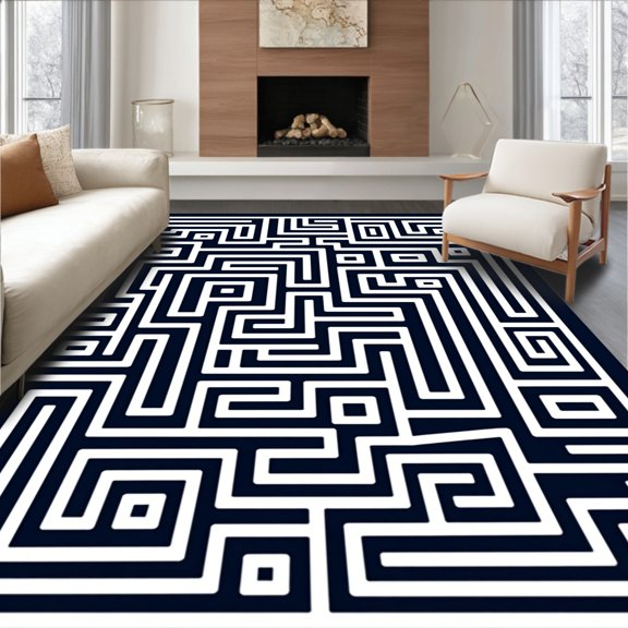 ODIKA 4'x6' Machine Washable Non-Slip Area Rug, Striking Maze Labyrinth Puzzle Avant garde Visual Composition High Traffic Rug, Black, 581863