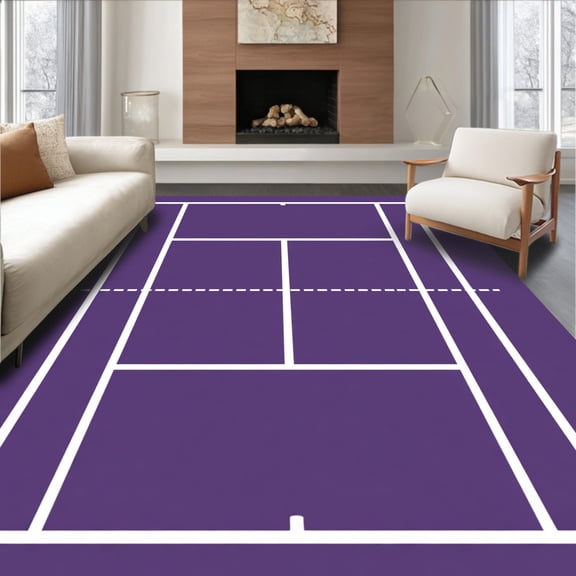 ODIKA 4'x6' Machine Washable Non-Slip Area Rug, Stylized Tennis Court Lines Graphic High Traffic Rug, Purple, 841159