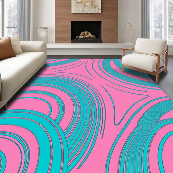 ODIKA 4x6 Machine Washable Non-Slip Area Rug, Stylized Wave Crest with Fluid Lines High Traffic Rug, Pink, 345100