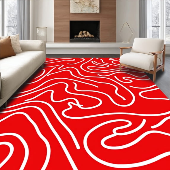 ODIKA 4'x6' Machine Washable Non-Slip Area Rug, Sun Torii Gateway Motif with Modern Abstract Waves High Traffic Rug with Pad, Red, 555965