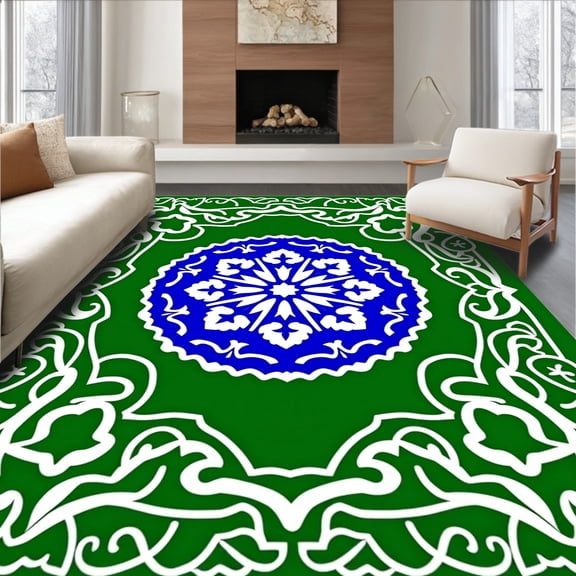 ODIKA 4'x6' Machine Washable Non-Slip Area Rug, Sunburst Medallion Interlocking Mosaic Radiant Art Nouveau High Traffic Rug, Green, 716044
