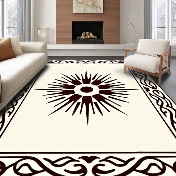 ODIKA 4'x6' Machine Washable Non-Slip Area Rug, Sunburst Medallion with Interlocking Waves and Minimalist Detailing High Traffic Rug, Ivory, 716347