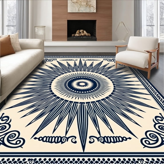ODIKA 4'x6' Machine Washable Non-Slip Area Rug, Sunburst Radiant Vintage Eclectic Whimsical High Traffic Rug, Beige, 715890