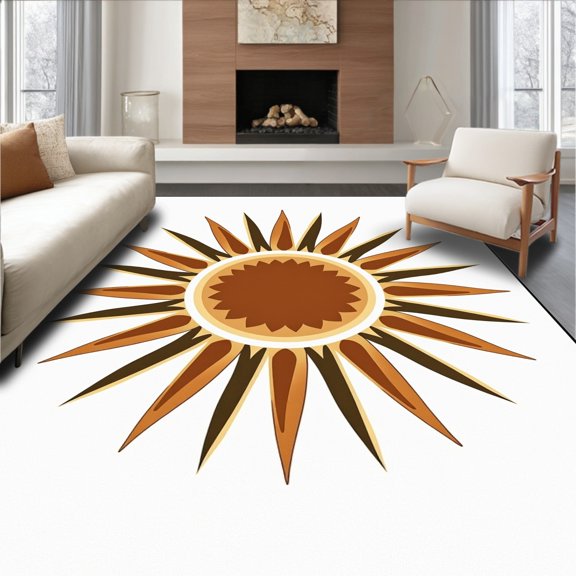 ODIKA 4x6 Machine Washable Non-Slip Area Rug, Sunburst Radiating Rays Art Starburst Retro Inspired Floor High Traffic Rug, Brown, 669136
