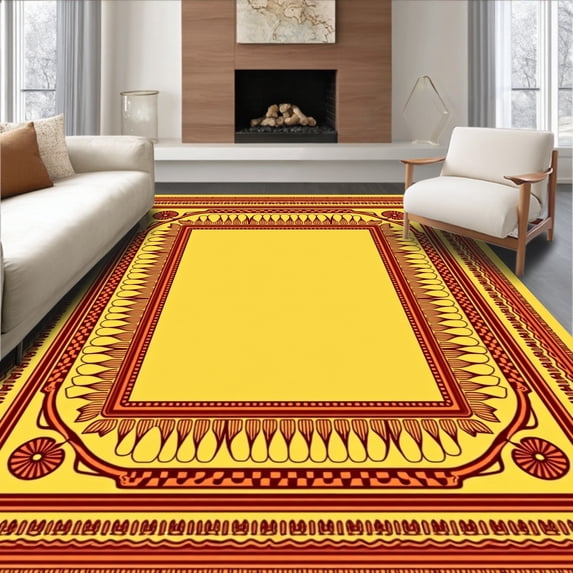 ODIKA 4'x6' Machine Washable Non-Slip Area Rug, Sunburst Reversible Picnic with Aztec Borders High Traffic Rug with Pad, Yellow, 702175