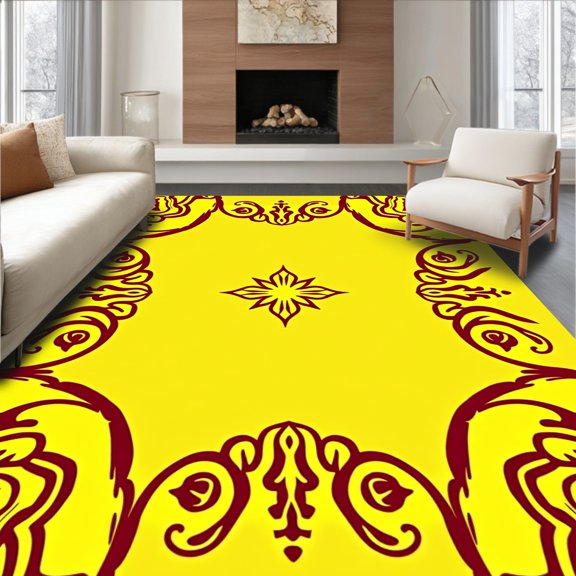 ODIKA 4'x6' Machine Washable Non-Slip Area Rug, Sunburst Spiral Motif With Radiant Interlocking Waves And Floral Accents High Traffic Rug, Yellow, 466269