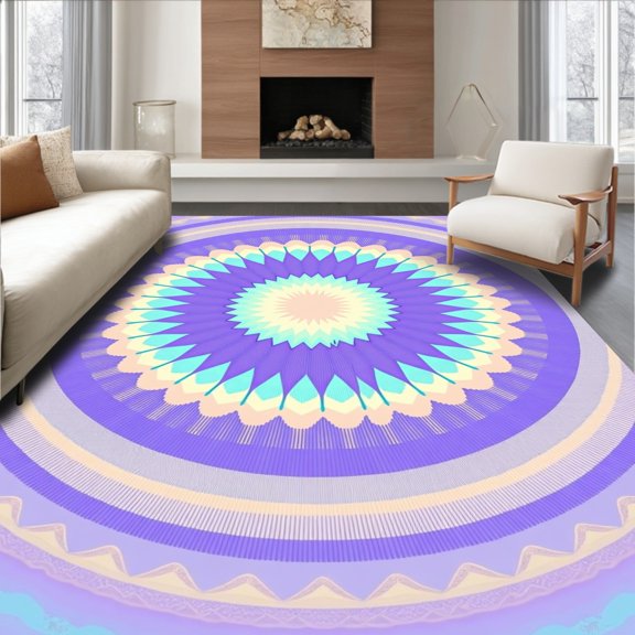 ODIKA 4'x6' Machine Washable Non-Slip Area Rug, Sunburst Zen Meditation Space High Traffic Rug, Purple, 661513