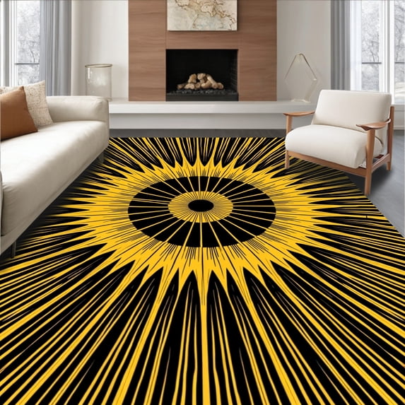 ODIKA 4'x6' Machine Washable Non-Slip Area Rug, Sunray Motif Abstract Clearance High Traffic Rug with Pad, Black, 571205