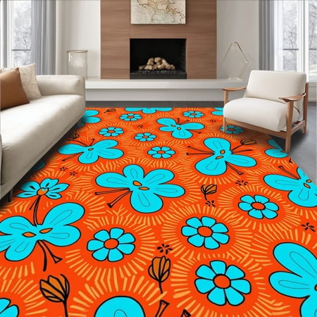 ODIKA 4'x6' Machine Washable Non-Slip Area Rug, Sunrise Mosaic Blossom Featuring Playful Zigzag Detailing High Traffic Rug, Orange, 417819