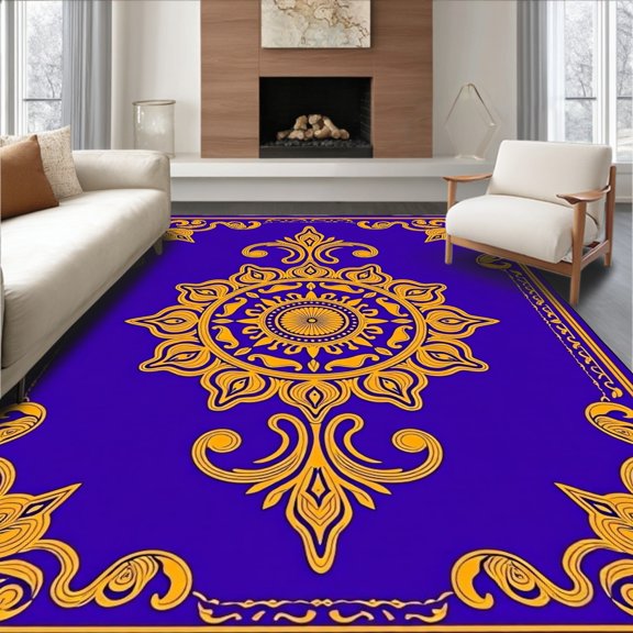 ODIKA 4'x6' Machine Washable Non-Slip Area Rug, Sunset Medallion Interlocking Filigree with Copper and Sapphire Hues High Traffic Rug, Purple, 618719