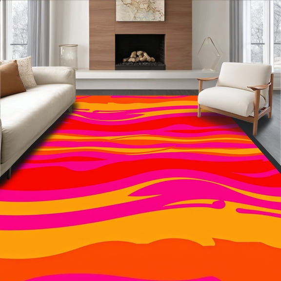 ODIKA 4'x6' Machine Washable Non-Slip Area Rug, Sunset Stripe with Vibrant Wave Motifs and Dynamic Bands High Traffic Rug, Pink, 716834