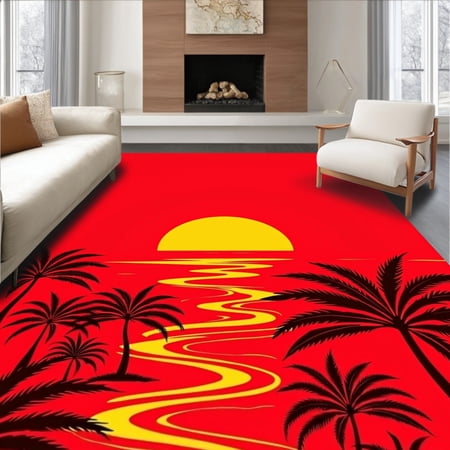ODIKA 4'x6' Machine Washable Non-Slip Area Rug, Sunset Tropical Vacation Retreat Horizon Vista Serenity High Traffic Rug, Red, 718763