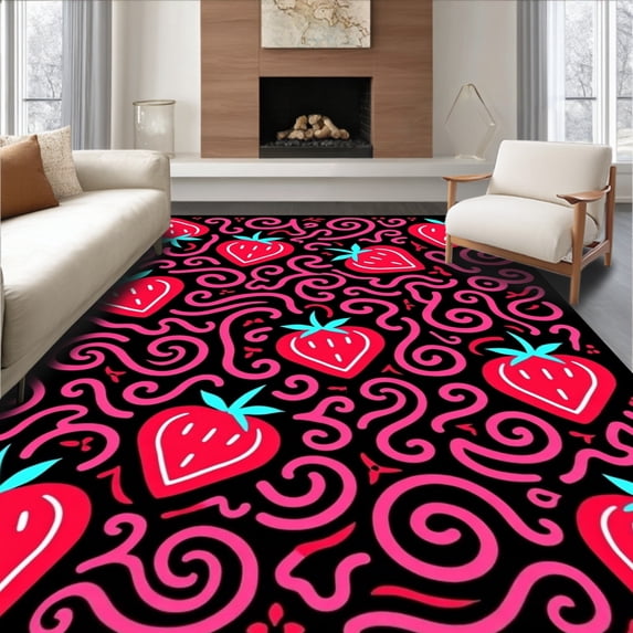 ODIKA 4'x6' Machine Washable Non-Slip Area Rug, Sweet Berry with Artistic Swirl and Inspired Fruit High Traffic Rug with Pad, Black, 682414