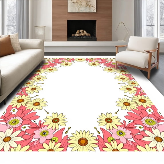 ODIKA 4'x6' Machine Washable Non-Slip Area Rug, Sweet Cottage Blossom Decorative with Spring Motifs High Traffic Rug, Pink, 507300