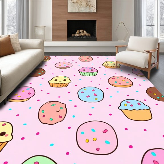 ODIKA 4x6 Machine Washable Non-Slip Area Rug, Sweet Dessert Treats Featuring Cupcakes And Donuts With Sprinkles High Traffic Rug, Pink, 720630