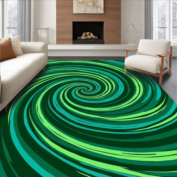 ODIKA 4'x6' Machine Washable Non-Slip Area Rug, Swirling Tie Dye Spiral Abstract Art Design Floor Covering High Traffic Rug, Green, 439289