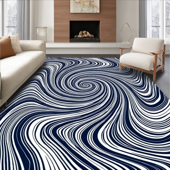 ODIKA 4'x6' Machine Washable Non-Slip Area Rug, Swirling Winter Storm Tree Skirt featuring Spiral Snowdrift Design High Traffic Rug, Blue, 740866