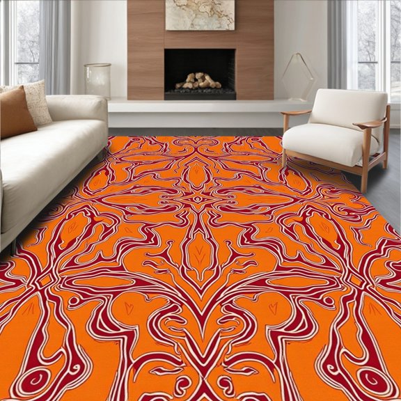 ODIKA 4'x6' Machine Washable Non-Slip Area Rug, Symmetrical Paisley Swirls with Deep Burgundy and Ivory Highlights High Traffic Rug, Orange, 618722