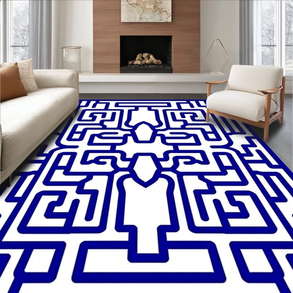 ODIKA 4'x6' Machine Washable Non-Slip Area Rug, Symmetrical Web Maze Labyrinth Decorative Accent High Traffic Rug, Blue, 549478