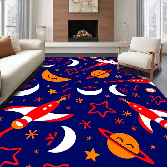 ODIKA 4'x6' Machine Washable Non-Slip Area Rug, System Exploration Design Featuring Lively Rockets and Smiling Moons High Traffic Rug, Blue, 723702