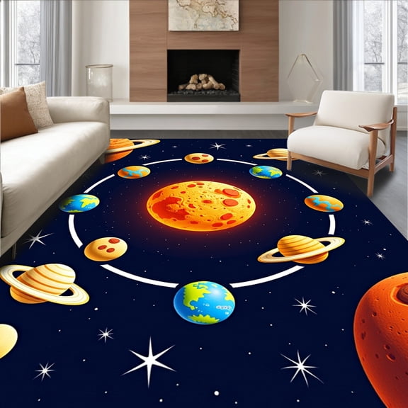 ODIKA 4'x6' Machine Washable Non-Slip Area Rug, System Galaxy Featuring Planets Stars Educational Space Theme High Traffic Rug, Orange, 693262