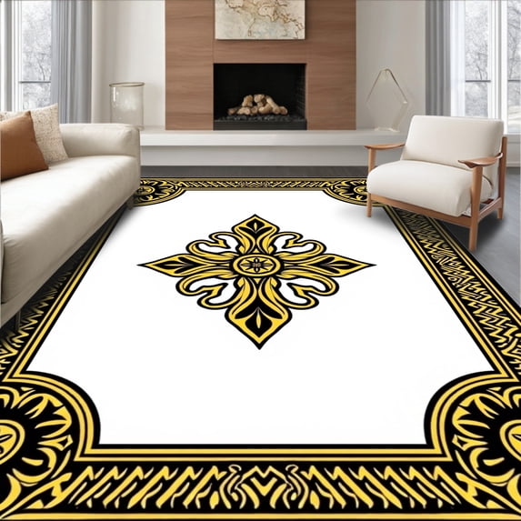 ODIKA 4'x6' Machine Washable Non-Slip Area Rug, Tart Citrus Grove Damask Traditional Heritage High Traffic Rug with Pad, Black, 530287
