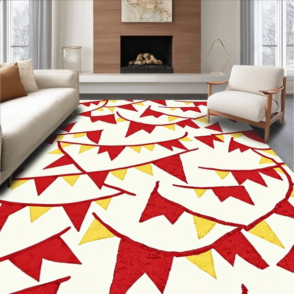 ODIKA 4'x6' Machine Washable Non-Slip Area Rug, Team Spirit Pennant Banner Wave Floor Covering High Traffic Rug, Red, 669861