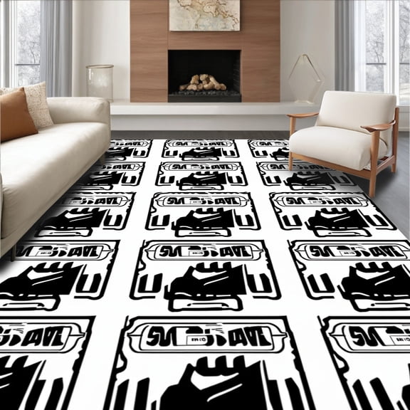 ODIKA 4'x6' Machine Washable Non-Slip Area Rug, Ticket Stub Inspired Interlocking Stripes Fan Spirit High Traffic Rug, Black, 669610