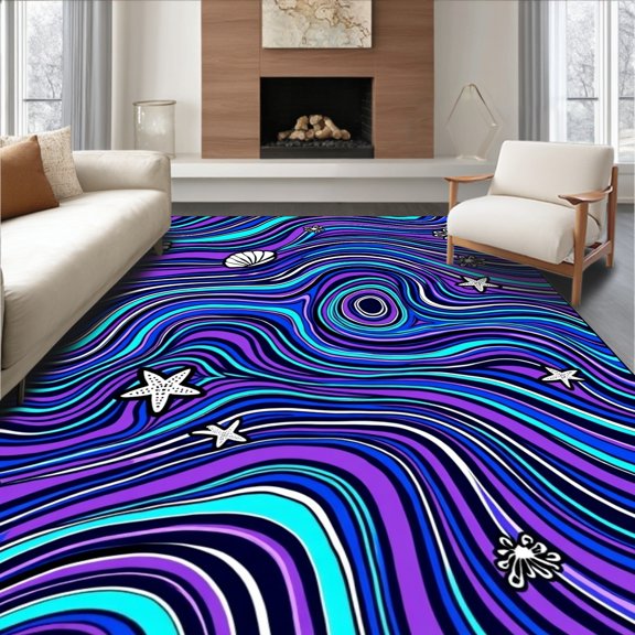 ODIKA 4x6 Machine Washable Non-Slip Area Rug, Tidal Wave Design With Starfish and Shell Accents in Nautical Theme High Traffic Rug, Purple, 703485