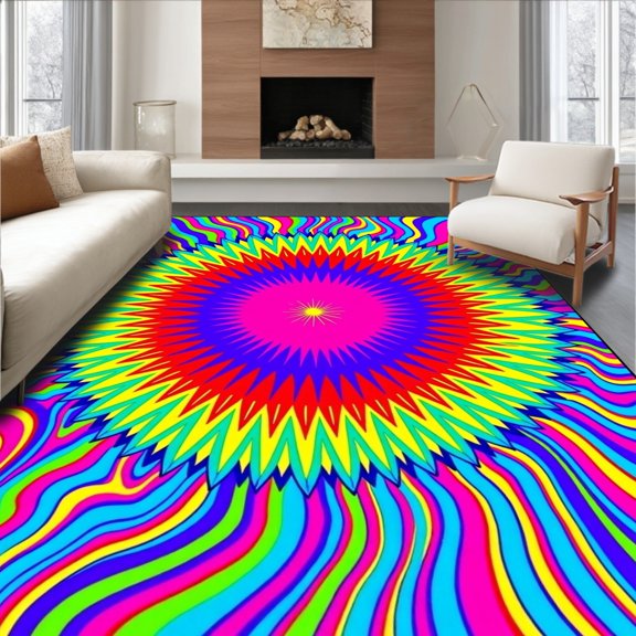 ODIKA 4'x6' Machine Washable Non-Slip Area Rug, Tie Dye Burst Radial with Electric Color Combination High Traffic Rug, Pink, 556679