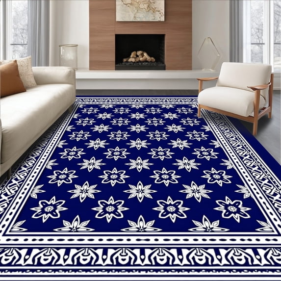 ODIKA 4'x6' Machine Washable Non-Slip Area Rug, Tile Hexagon Animal Refuge Shelter with Slip Resistant Underpad High Traffic Rug with Pad, Blue, 679396