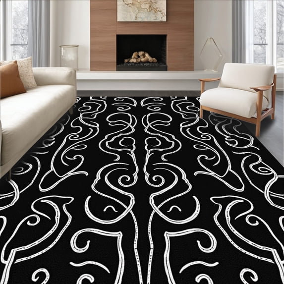 ODIKA 4'x6' Machine Washable Non-Slip Area Rug, Timeless Artisan Crafted Lattice Swirl Decorative High Traffic Rug with Pad, Black, 657720