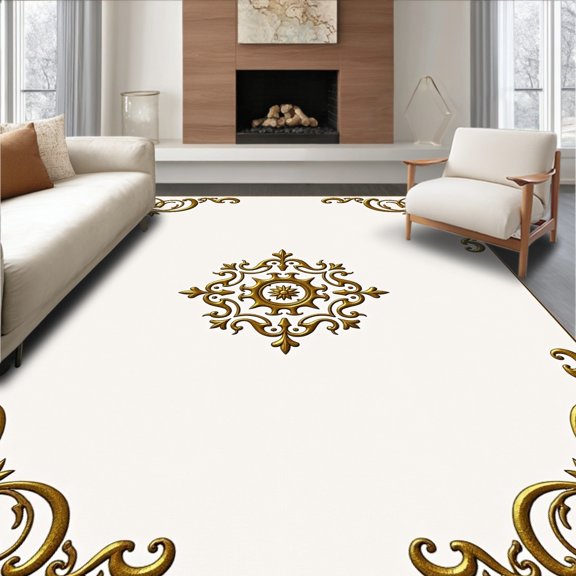 ODIKA 4'x6' Machine Washable Non-Slip Area Rug, Timeless Parisian Estate Grandeur Palatial Exquisite High Traffic Rug, Gold, 657585