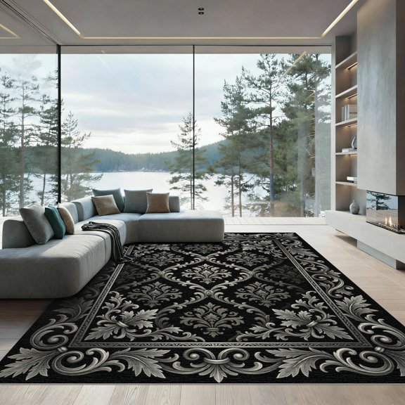 ODIKA 4x6 Machine Washable Non-Slip Area Rug, Traditional Black High Traffic Rug, Black, 1245864