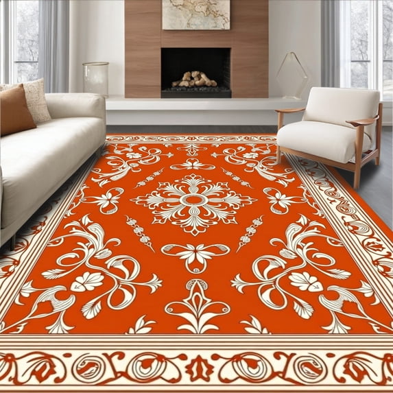 ODIKA 4'x6' Machine Washable Non-Slip Area Rug, Traditional Damask with Ornamental Border and Classic Details High Traffic Rug with Pad, Orange, 572999