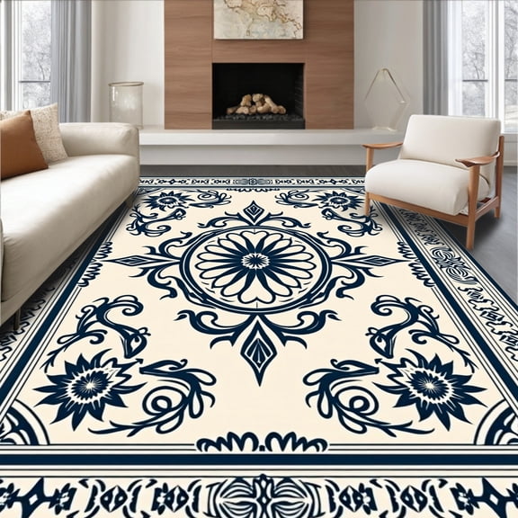 ODIKA 4'x6' Machine Washable Non-Slip Area Rug, Traditional Damask with Symmetrical Motifs High Traffic Rug, Beige, 466903