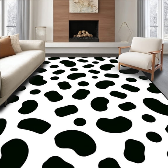 ODIKA 4'x6' Machine Washable Non-Slip Area Rug, Traditional Farm Animal Hide with Authentic Spots High Traffic Rug, Black, 570136