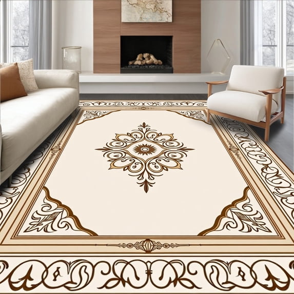 ODIKA 4'x6' Machine Washable Non-Slip Area Rug, Traditional Floral Damask Noble Palatial Embellishment High Traffic Rug, Brown, 466274