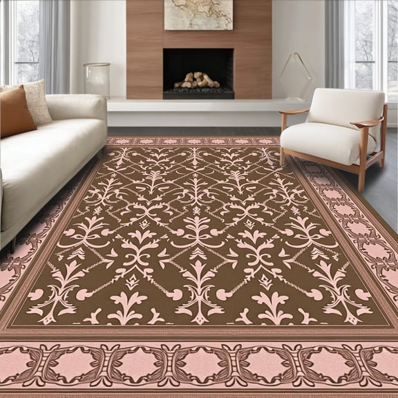 ODIKA 4'x6' Machine Washable Non-Slip Area Rug, Fleur de Heraldic Print High Traffic Rug, Brown, 409895