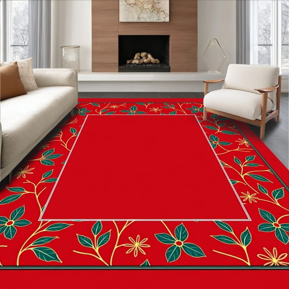 ODIKA 4'x6' Machine Washable Non-Slip Area Rug, Holly Berry Vine Design Hallway with Botanical Christmas High Traffic Rug, Red, 606681