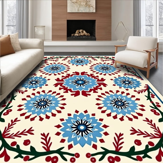 ODIKA 4'x6' Machine Washable Non-Slip Area Rug, Traditional Nordic Snowflake Medallion with Berry and Frosted Branches High Traffic Rug, Beige, 627959